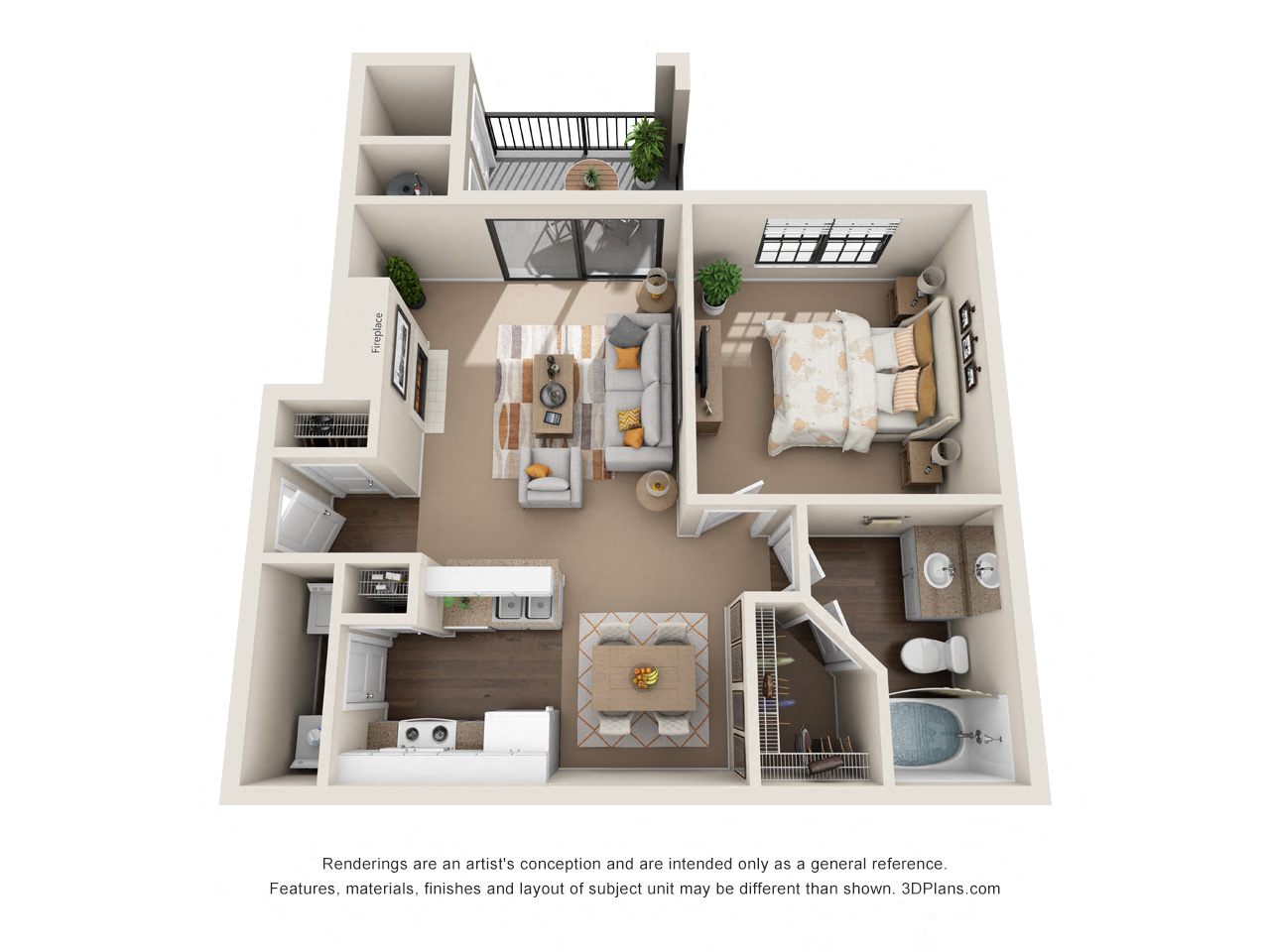 Floor plan for 1 bed, 1 bath, 744 sqft